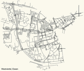 Black simple detailed street roads map on vintage beige background of the quarter Westviertel Stadtteil of Essen, Germany