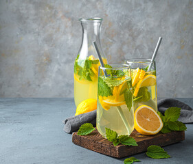 Refreshing drink with mint on a gray background.
