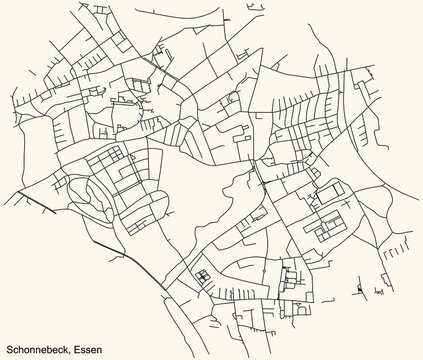 Black simple detailed street roads map on vintage beige background of the quarter Schonnebeck Stadtteil of Essen, Germany