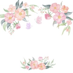 Beautiful flowers frame. Invitation card, flowers, watercolor flowers, pink, spring.