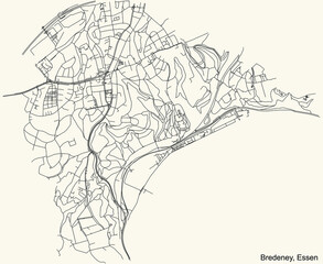 Black simple detailed street roads map on vintage beige background of the quarter Bredeney Stadtteil of Essen, Germany