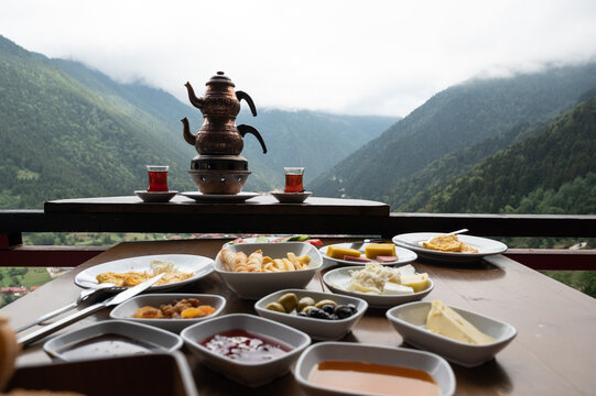 Traditional turkish breakfas with mountain view