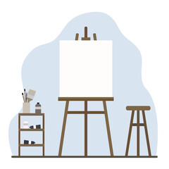 Canvas on an easel, a table with brashes and paint, a chair. Studio and workplace for artist. Flat minimal vector illustration. Room in classic interior.