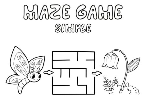 Simple Maze puzzle game for children. Outline simple maze or labyrinth game with butterfly and flower.