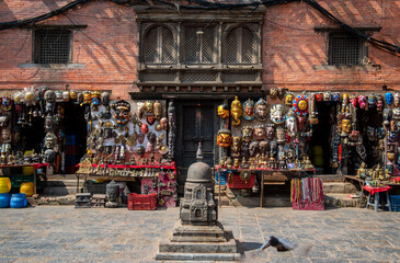An old building with souvenir shop selling Nepalese wooden carving or handmade pieces in the Thamel...