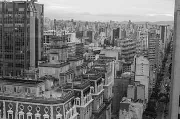 SAO PAULO, BRAZIL - JUNE 11, 2021: Skyline view of Sao Paulo in a cloudy day black and white B&W Including downtown Paulista Avenue buildings famous and historical places
