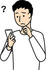 スマートフォンの画面を見て悩んでいる男性のイラスト