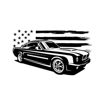 Black and white car with flag illustration vector