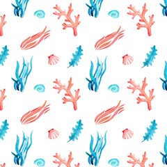 Sealife watercolor pattern. Pink and blue algae, seaweed, scallop, shells hand drawn elements. White background. Printable clipart for summer decoration. Bright cute colorful wallpaper. Marine theme. 