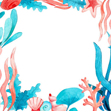 Sealife watercolor frame. Seaweed, seashell, starfish, algae hand drawn elements. Blue and pink colorful background for summer. Marine undersea theme. Printable clipart for decoration. 
