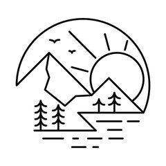 Mountain nature adventure wild sunrise line badge patch pin graphic illustration vector art t-shirt design