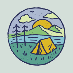 Camping nature adventure wild mountain river watercolor graphic illustration vector art t-shirt design