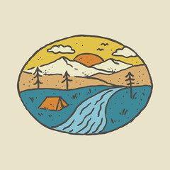 Camping nature adventure wild mountain river watercolor graphic illustration vector art t-shirt design