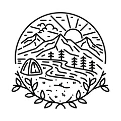 Camping nature adventure wild mountain river line graphic illustration vector art t-shirt design