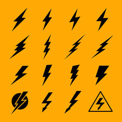 Lightning signs set. Lightning icons, lightning symbols or flash pictograms. Flash icon. Lightning stripe sign. Flashing electric bolt icon. Charge icon. Danger, electricity. Vector.