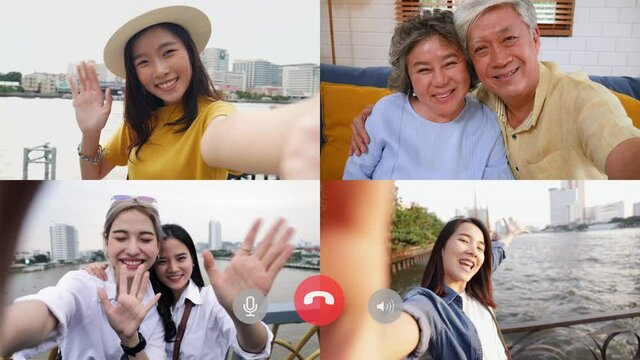 Video conference of talking with family while traveling and living at home during COVID-19 pandemic. Self-isolation, social distancing, quarantine at home.