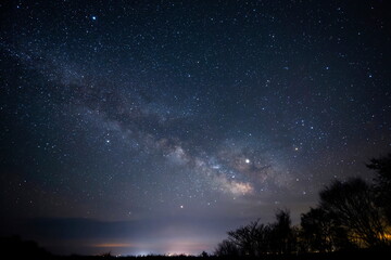 Fototapeta na wymiar 森の彼方の夜空に輝く木星と天の川