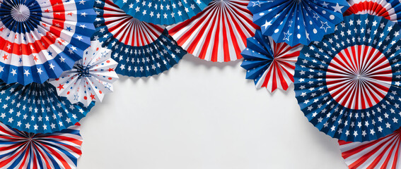Vibrant red white and blue paper fans with copy space for text. For 4th of July, Memorial day, Veteran's day, or other patriotic holiday celebrations.
