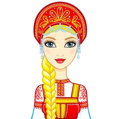 Animation portrait of the Russian girl in ancient clothes.  Vector illustration isolated on a white background.