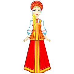 Animation portrait of the Russian girl in ancient clothes.  Vector illustration isolated on a white background.