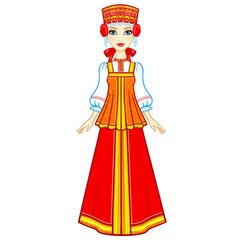 Animation portrait of the Russian girl in ancient clothes.  Vector illustration isolated on a white background.