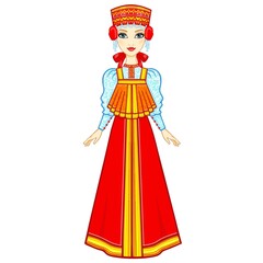 Animation portrait of the Russian girl in ancient clothes.  Full growth. Vector illustration isolated on a white background