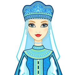 Animation portrait of the Russian princess in ancient clothes.  Vector illustration isolated on a white background.