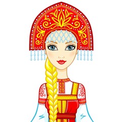 Portrait of a beautiful girl in an ancient Russian dress. Sundress, kokoshnik.  Vector illustration isolated on a white background.