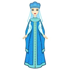 Animation portrait of the Russian princess in ancient clothes. Full growth. Vector illustration isolated on a white background.