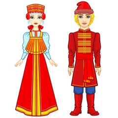 Animation portrait of a family in ancient Russian clothes.  Full growth. Vector illustration isolated on a white background.