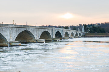 frozen Potomac river and memorial bridge in winter season - Washington dc united states of America