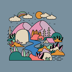 Nature adventure wild mountain river mountain colorful graphic illustration vector art t-shirt design