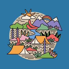 Camping nature adventure wild river mountain colorful graphic illustration vector art t-shirt design
