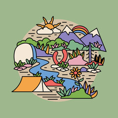 Camping nature adventure wild river mountain colorful graphic illustration vector art t-shirt design