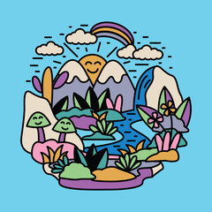 Nature adventure wild mountain river colorful graphic illustration vector art t-shirt design