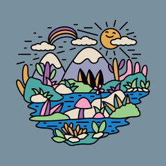 Nature adventure wild mountain river colorful graphic illustration vector art t-shirt design