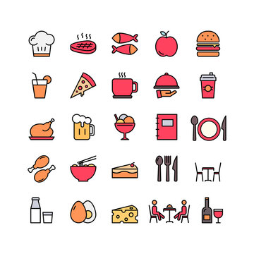 Set of food and baverage icon Design Template. Illustration vector graphic. simple flat color line style icon isolated on white background. Perfect for your web site design, symbols of restaurants