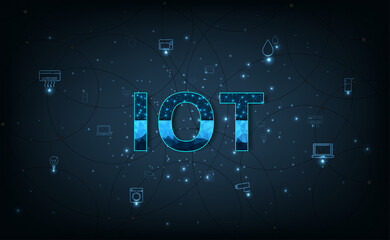 IOT concept design. Symbol IOT connected with icons of typical on dark blue background.Internet of things user connecting interconnecting with everyday objects with network. 