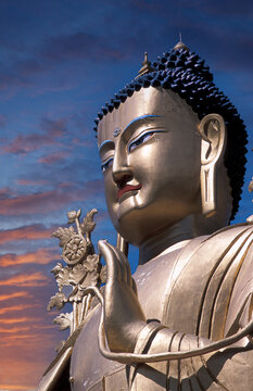 India, Ladakh, Leh District, Lamayuru, Giant Golden Buddha statue in Buddhist Monastery of Lamayuru