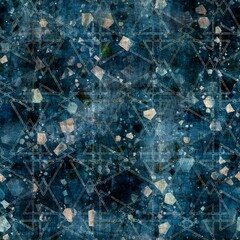 Seamless elegant mixed media pattern in navy, blue, pink, and cream. High quality illustration. Ornate and highly detailed and textured realistic faux collage. Sophisticated intense textile design.