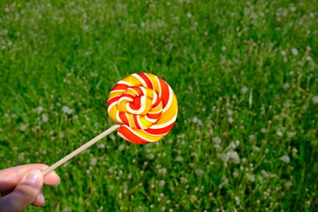 Colorful rainbow lollipop and nature background