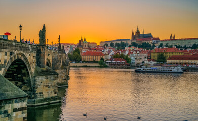 Fototapeta na wymiar Sunset of Prague Castle and Charles Bridge