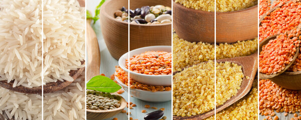 Collage of grain and cereals. Food ingredients.