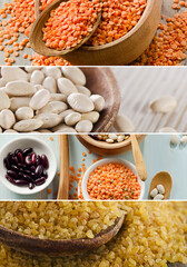 Collage of grain and cereals. Food ingredients.
