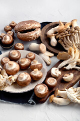 Variety of raw mushrooms on light gray background.