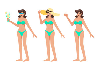Summer Character - Amazing vector illustration of a happy girl in summer with beach outfit - Available in 3 poses holding drink, beach hat, and waving hand- Vector Character