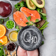 Food high in coenzyme Q10 on light gray background. Healthy eating concept.