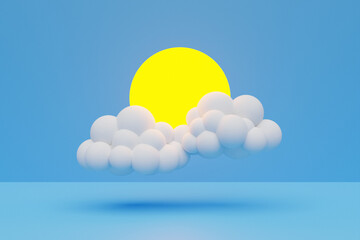 3d illustration of clouds and sun on a blue isolated background. Weather forecast icons, regular season clouds