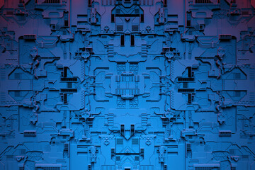 3d illustration of a pattern in the form of a metal, technological plating of a spaceship or a robot. Abstract Graphics in the style of computer games. Close up of the black cyber armor on neon lights