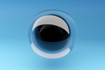 3D rendering.  Transparent inflatable ball. Close-up geometric figure of a ball  on blue background